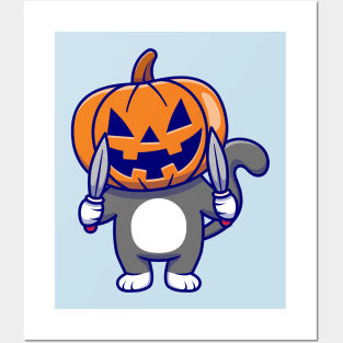 Cute Cat Wearing Pumpkin Halloween with Knife Cartoon Posters and Art